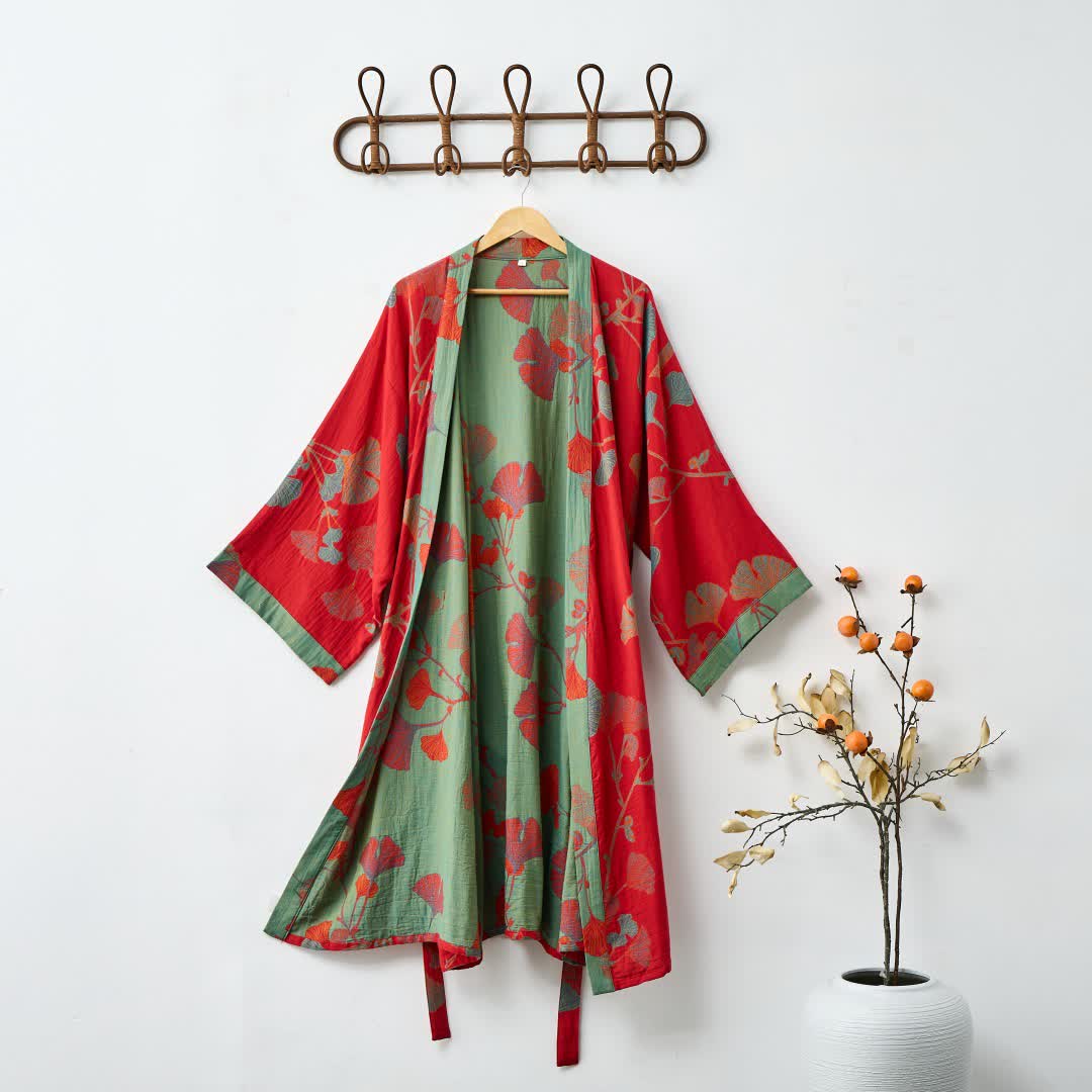 Organisch Katoenen Kimono Badjas met Ginkgo Bladeren Patroon – Omkeerbaar Tweekleurig Design voor Dames en Heren – Luchtige Gaas Kwaliteit – Luxe Loungewear met Bijpassende Riem | Sulvida