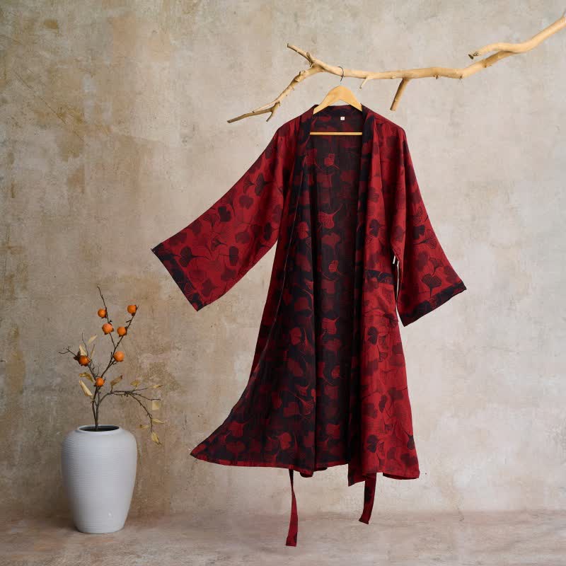 Luxe Katoenen Gaas Kimono Badjas met Ginkgo Biloba Print | Lichtgewicht Ochtendjas voor Dames en Heren | Ademend Dubbellaags Gaasweefsel | Sulvida