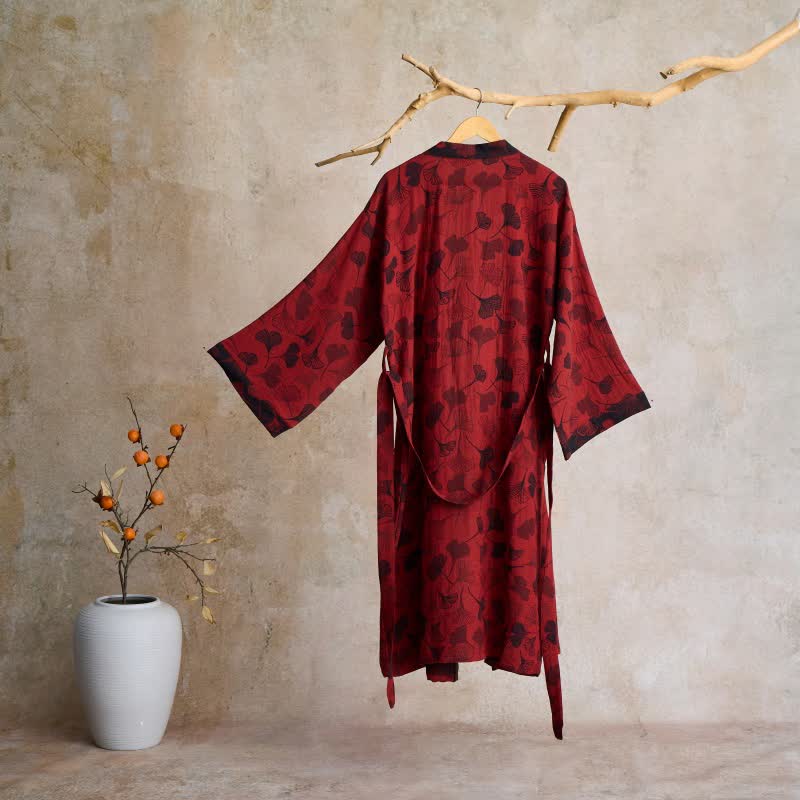 Luxe Katoenen Gaas Kimono Badjas met Ginkgo Biloba Print | Lichtgewicht Ochtendjas voor Dames en Heren | Ademend Dubbellaags Gaasweefsel | Sulvida