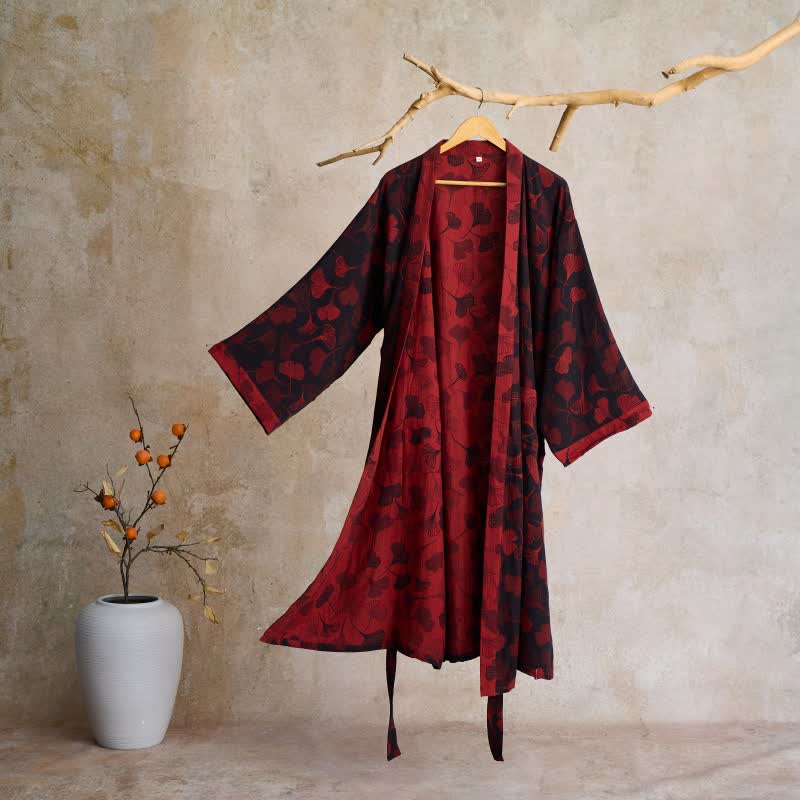 Luxe Katoenen Gaas Kimono Badjas met Ginkgo Biloba Print | Lichtgewicht Ochtendjas voor Dames en Heren | Ademend Dubbellaags Gaasweefsel | Sulvida