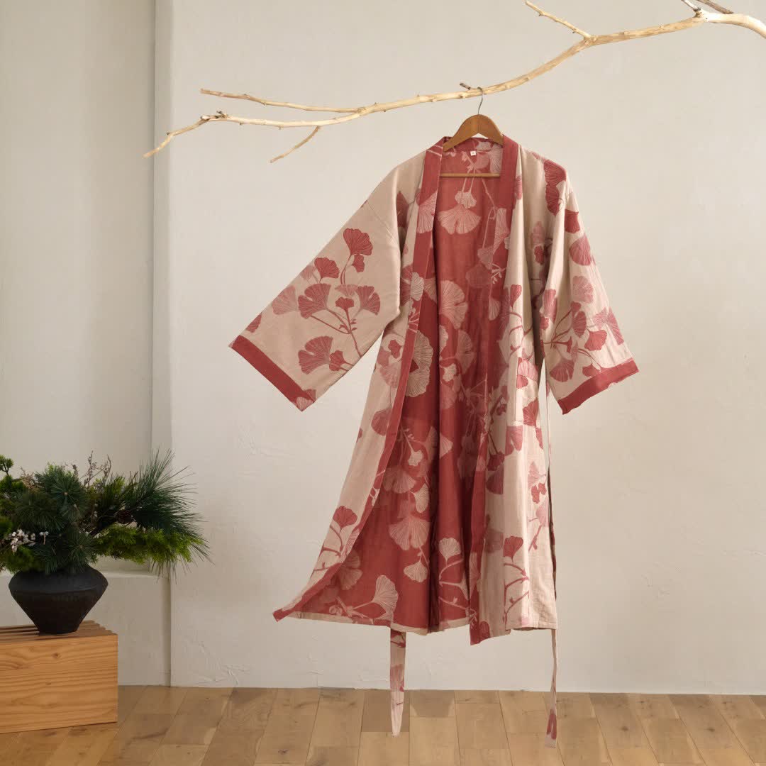 Katoenen Kimono met Groot Ginkgo Bladmotief – Dubbellaags Gaasweefsel Ochtendjas voor Dames en Heren Badstof Huisjas | Sulvida