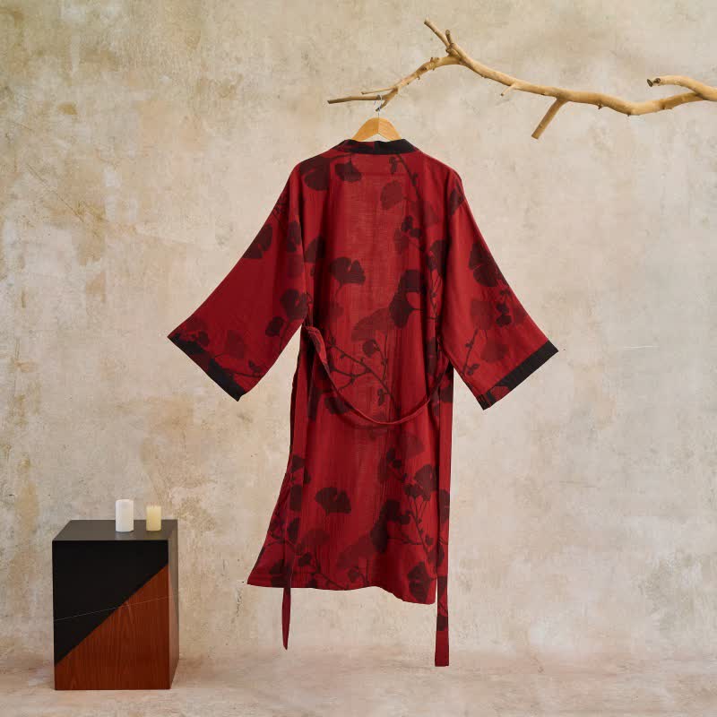 Katoenen Kimono met Groot Ginkgo Bladmotief – Dubbellaags Gaasweefsel Ochtendjas voor Dames en Heren Badstof Huisjas | Sulvida