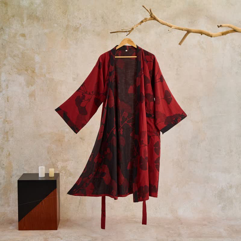 Katoenen Kimono met Groot Ginkgo Bladmotief – Dubbellaags Gaasweefsel Ochtendjas voor Dames en Heren Badstof Huisjas | Sulvida