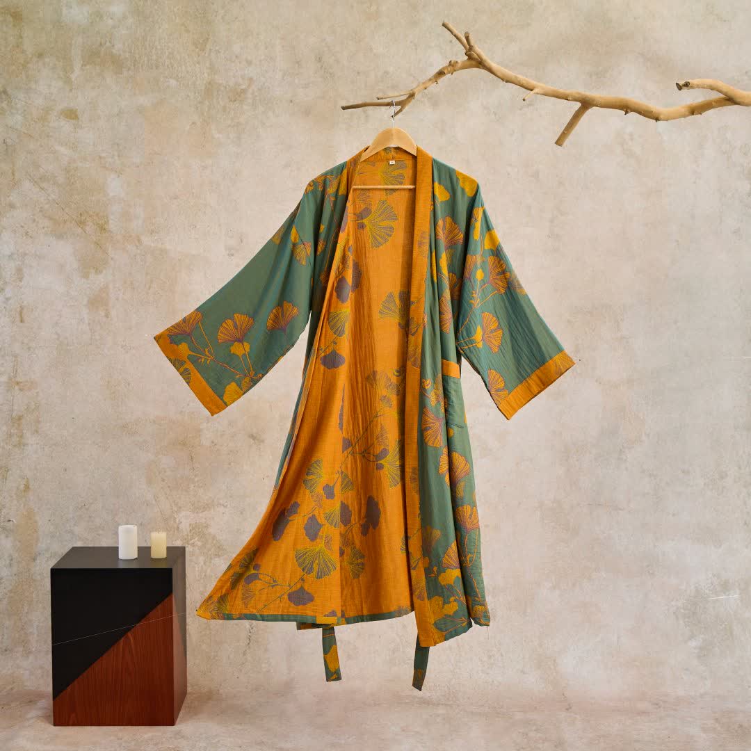 Katoenen Kimono met Groot Ginkgo Bladmotief – Dubbellaags Gaasweefsel Ochtendjas voor Dames en Heren Badstof Huisjas | Sulvida