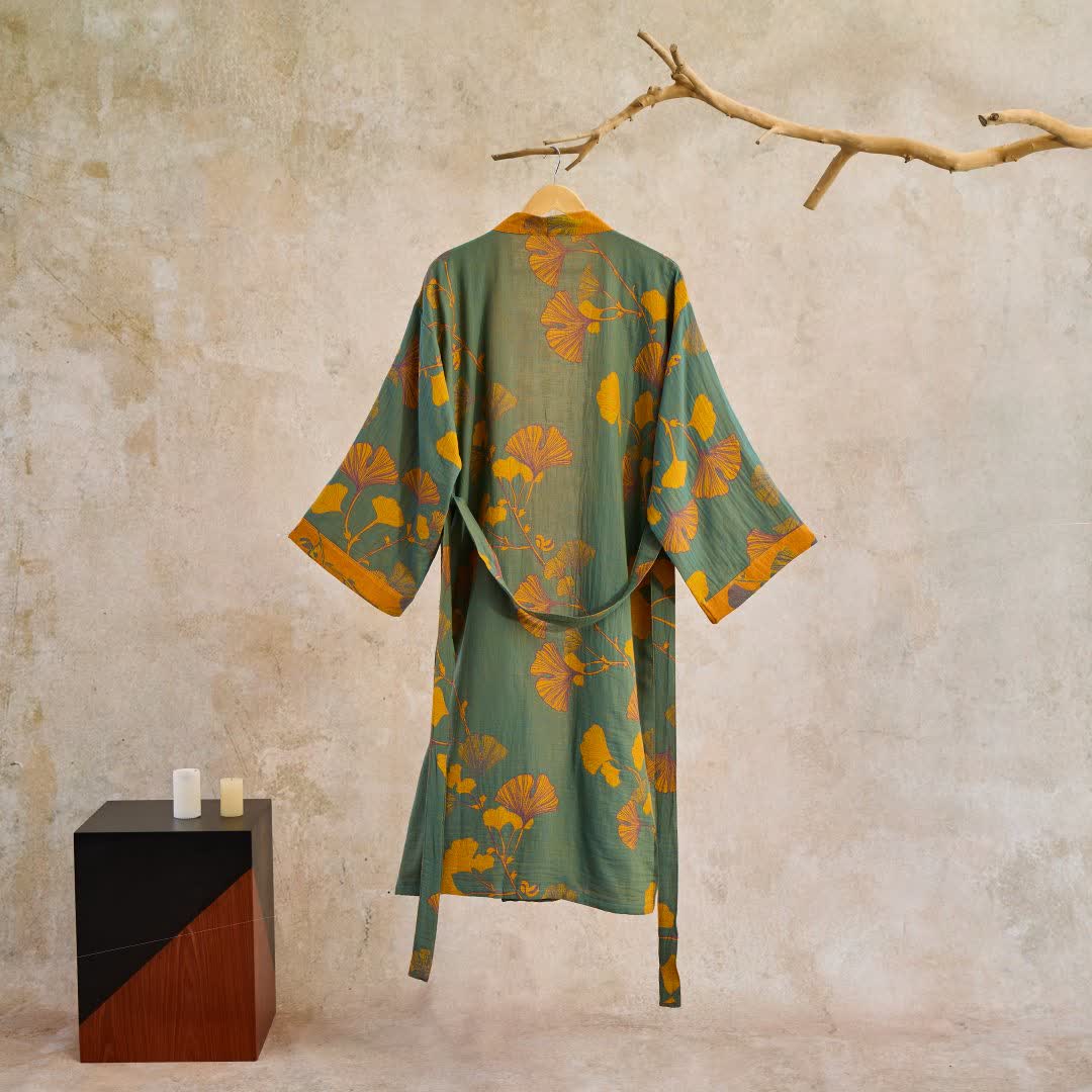 Katoenen Kimono met Groot Ginkgo Bladmotief – Dubbellaags Gaasweefsel Ochtendjas voor Dames en Heren Badstof Huisjas | Sulvida