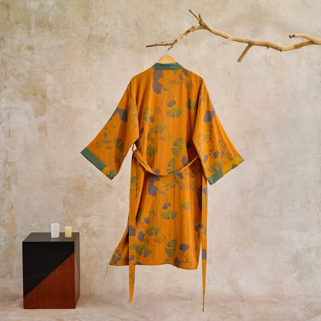 Katoenen Kimono met Groot Ginkgo Bladmotief – Dubbellaags Gaasweefsel Ochtendjas voor Dames en Heren Badstof Huisjas | Sulvida