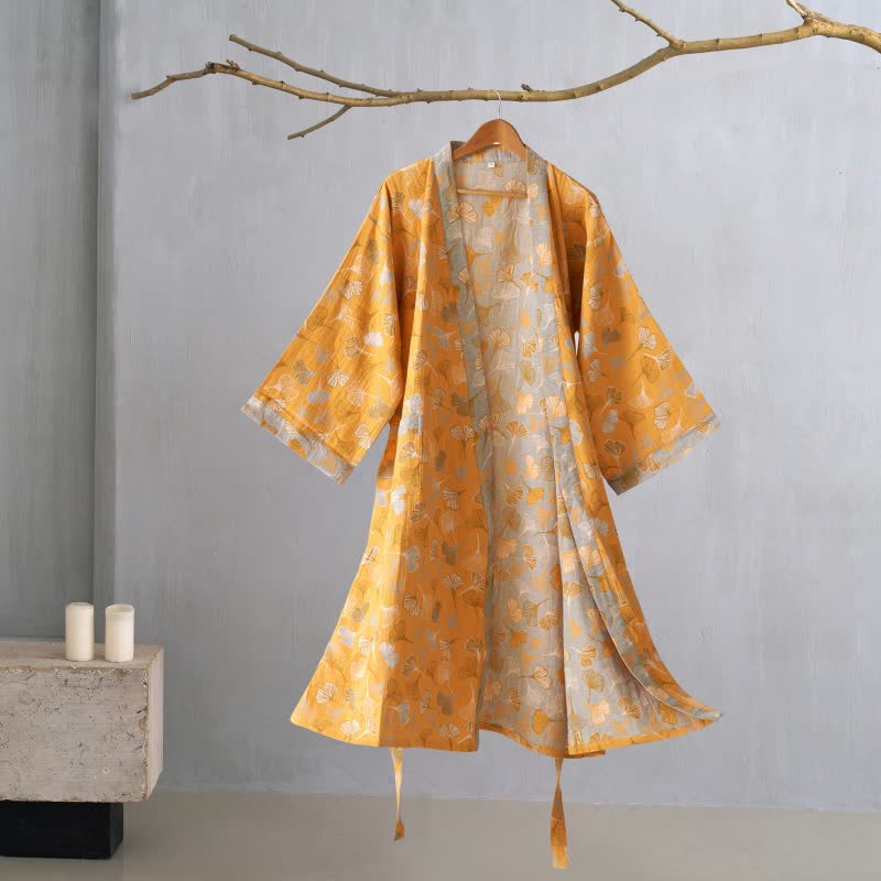 Luxe Katoenen Gaas Kimono Badjas met Ginkgo Biloba Print | Lichtgewicht Ochtendjas voor Dames en Heren | Ademend Dubbellaags Gaasweefsel | Sulvida