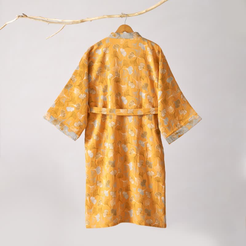 Luxe Katoenen Gaas Kimono Badjas met Ginkgo Biloba Print | Lichtgewicht Ochtendjas voor Dames en Heren | Ademend Dubbellaags Gaasweefsel | Sulvida