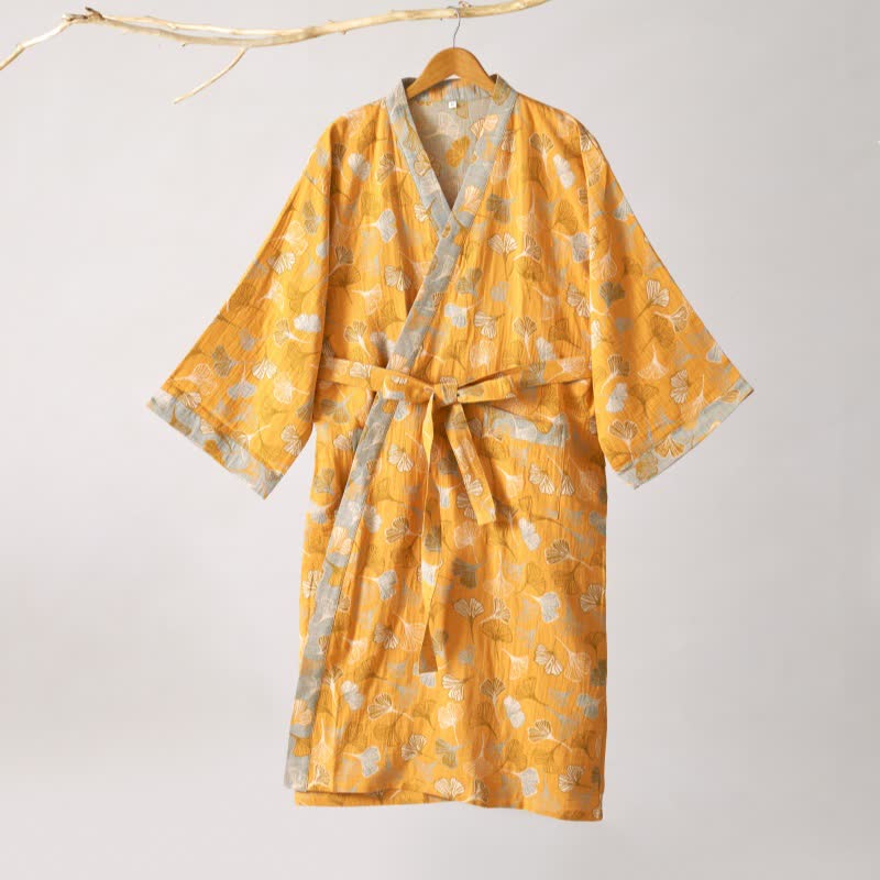 Luxe Katoenen Gaas Kimono Badjas met Ginkgo Biloba Print | Lichtgewicht Ochtendjas voor Dames en Heren | Ademend Dubbellaags Gaasweefsel | Sulvida
