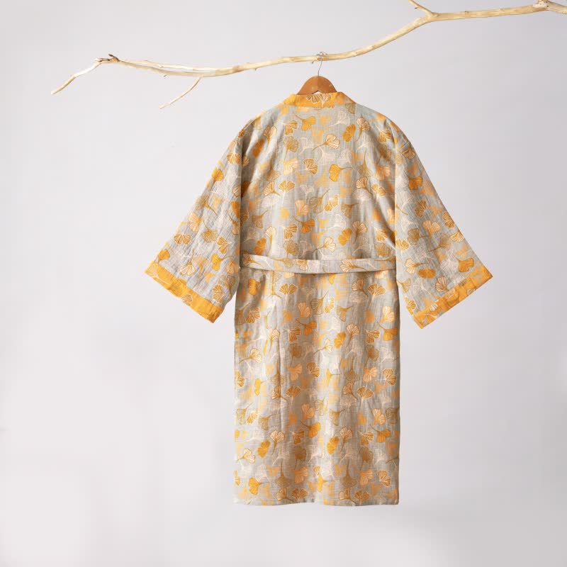 Luxe Katoenen Gaas Kimono Badjas met Ginkgo Biloba Print | Lichtgewicht Ochtendjas voor Dames en Heren | Ademend Dubbellaags Gaasweefsel | Sulvida