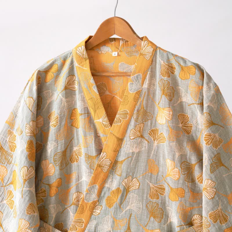 Luxe Katoenen Gaas Kimono Badjas met Ginkgo Biloba Print | Lichtgewicht Ochtendjas voor Dames en Heren | Ademend Dubbellaags Gaasweefsel | Sulvida