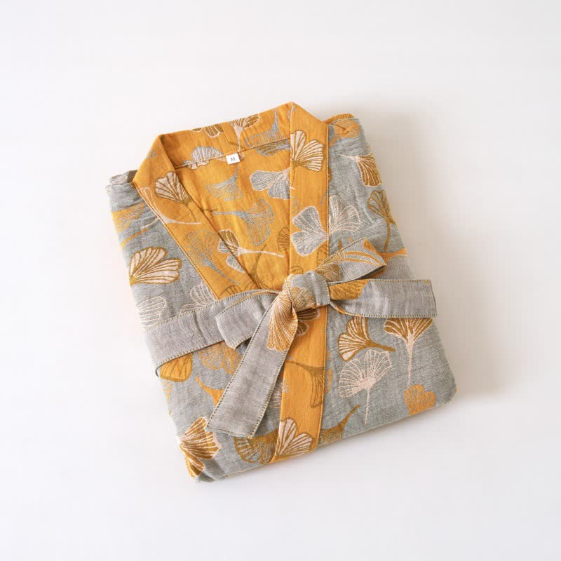 Luxe Katoenen Gaas Kimono Badjas met Ginkgo Biloba Print | Lichtgewicht Ochtendjas voor Dames en Heren | Ademend Dubbellaags Gaasweefsel | Sulvida