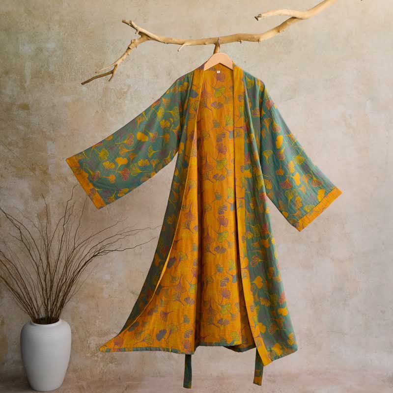 Luxe Katoenen Gaas Kimono Badjas met Ginkgo Biloba Print | Lichtgewicht Ochtendjas voor Dames en Heren | Ademend Dubbellaags Gaasweefsel | Sulvida