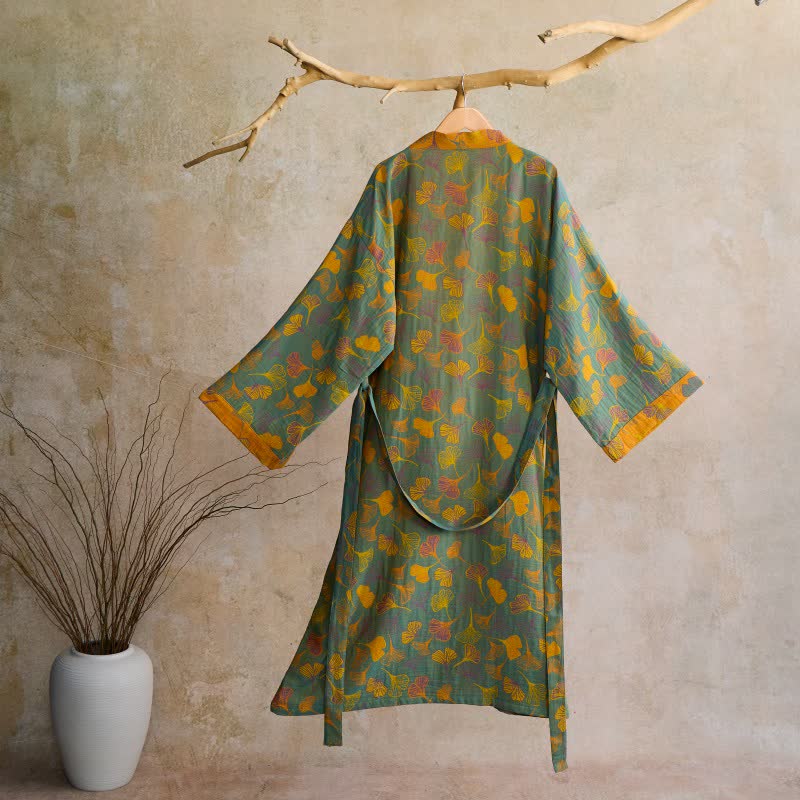 Luxe Katoenen Gaas Kimono Badjas met Ginkgo Biloba Print | Lichtgewicht Ochtendjas voor Dames en Heren | Ademend Dubbellaags Gaasweefsel | Sulvida