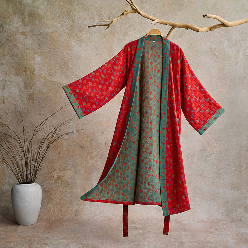 Katoenen Kimono Badjas met Ginko-Motief – Tweekleurige Ochtendjas van Ademende Katoenen Gaas – Unisex Nachtjapon met Verstelbare Taille voor Dames en Heren | Sulvida