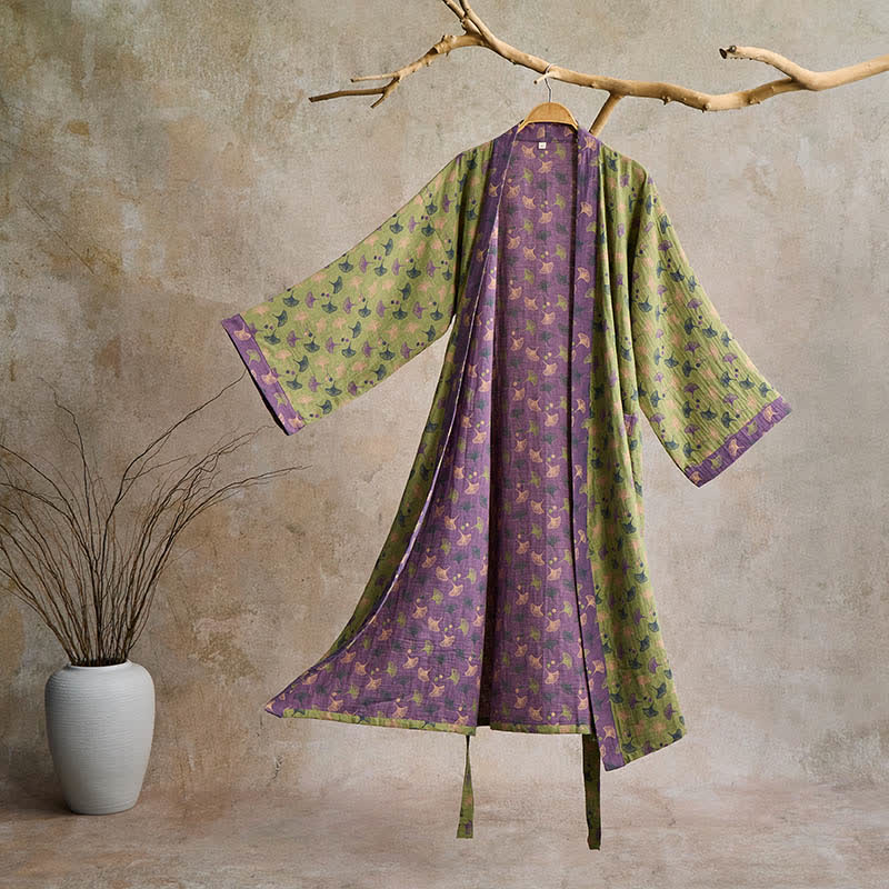 Katoenen Kimono Badjas met Ginko-Motief – Tweekleurige Ochtendjas van Ademende Katoenen Gaas – Unisex Nachtjapon met Verstelbare Taille voor Dames en Heren | Sulvida