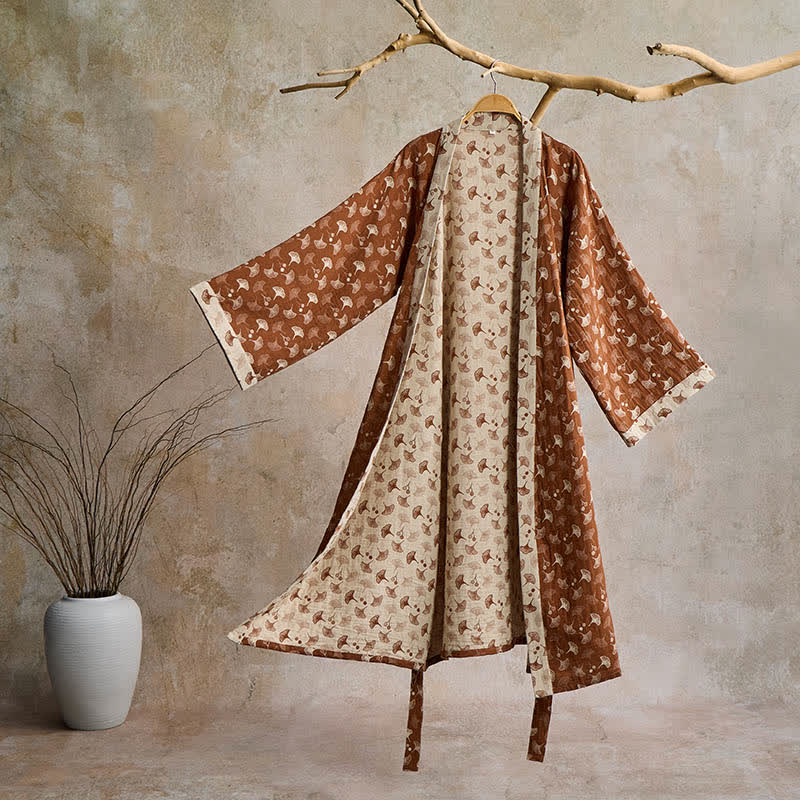 Katoenen Kimono Badjas met Ginko-Motief – Tweekleurige Ochtendjas van Ademende Katoenen Gaas – Unisex Nachtjapon met Verstelbare Taille voor Dames en Heren | Sulvida