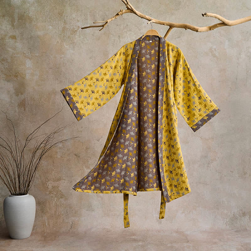 Katoenen Kimono Badjas met Ginko-Motief – Tweekleurige Ochtendjas van Ademende Katoenen Gaas – Unisex Nachtjapon met Verstelbare Taille voor Dames en Heren | Sulvida