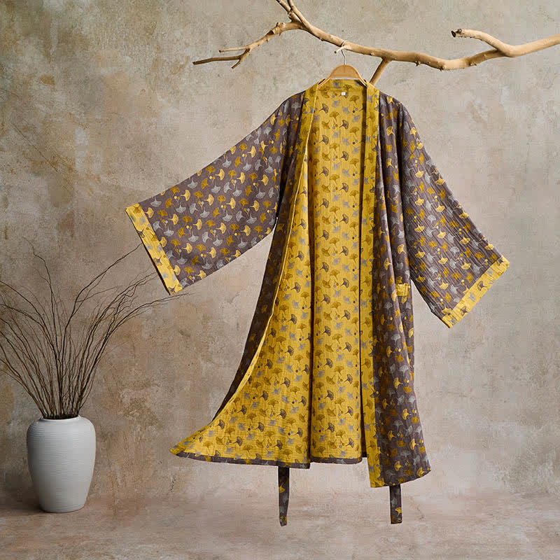 Katoenen Kimono Badjas met Ginko-Motief – Tweekleurige Ochtendjas van Ademende Katoenen Gaas – Unisex Nachtjapon met Verstelbare Taille voor Dames en Heren | Sulvida