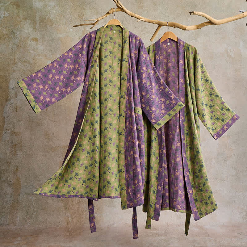 Katoenen Kimono Badjas met Ginko-Motief – Tweekleurige Ochtendjas van Ademende Katoenen Gaas – Unisex Nachtjapon met Verstelbare Taille voor Dames en Heren | Sulvida