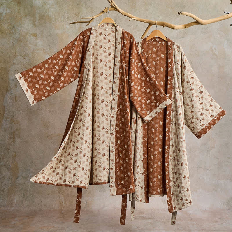 Katoenen Kimono Badjas met Ginko-Motief – Tweekleurige Ochtendjas van Ademende Katoenen Gaas – Unisex Nachtjapon met Verstelbare Taille voor Dames en Heren | Sulvida