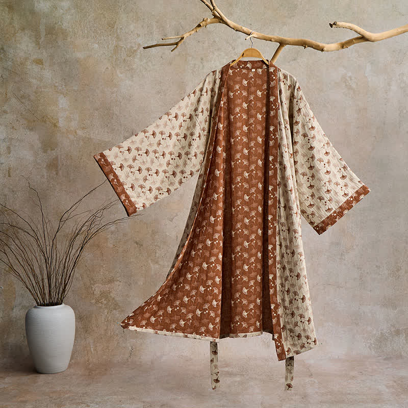 Katoenen Kimono Badjas met Ginko-Motief – Tweekleurige Ochtendjas van Ademende Katoenen Gaas – Unisex Nachtjapon met Verstelbare Taille voor Dames en Heren | Sulvida