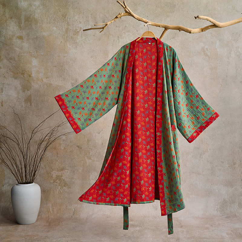 Katoenen Kimono Badjas met Ginko-Motief – Tweekleurige Ochtendjas van Ademende Katoenen Gaas – Unisex Nachtjapon met Verstelbare Taille voor Dames en Heren | Sulvida