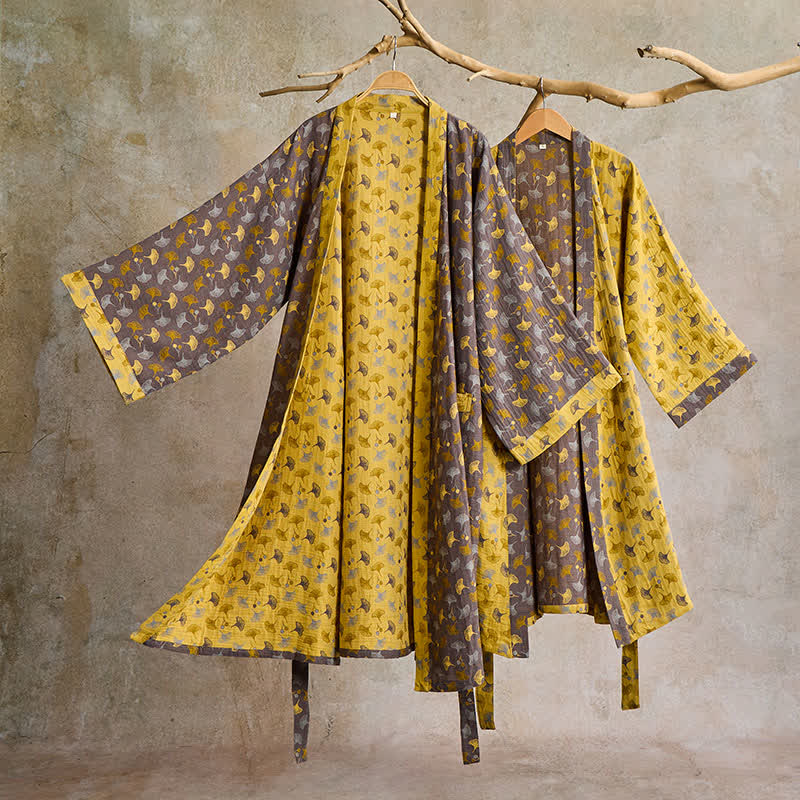 Katoenen Kimono Badjas met Ginko-Motief – Tweekleurige Ochtendjas van Ademende Katoenen Gaas – Unisex Nachtjapon met Verstelbare Taille voor Dames en Heren | Sulvida