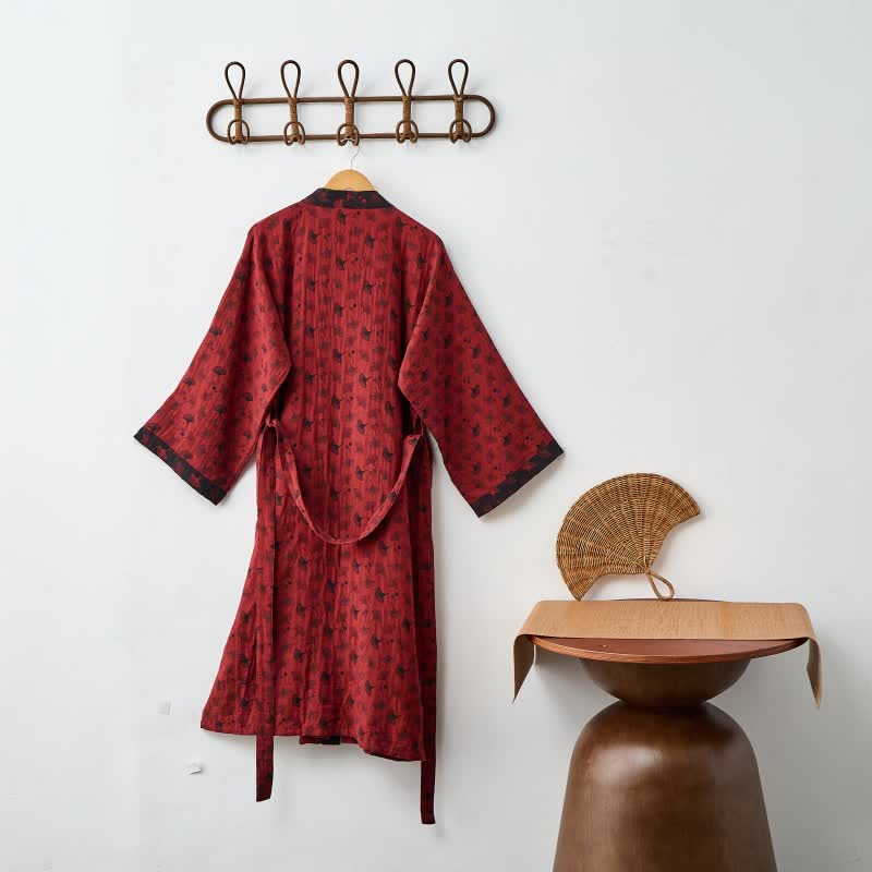 Katoenen Kimono Badjas met Ginko-Motief – Tweekleurige Ochtendjas van Ademende Katoenen Gaas – Unisex Nachtjapon met Verstelbare Taille voor Dames en Heren | Sulvida