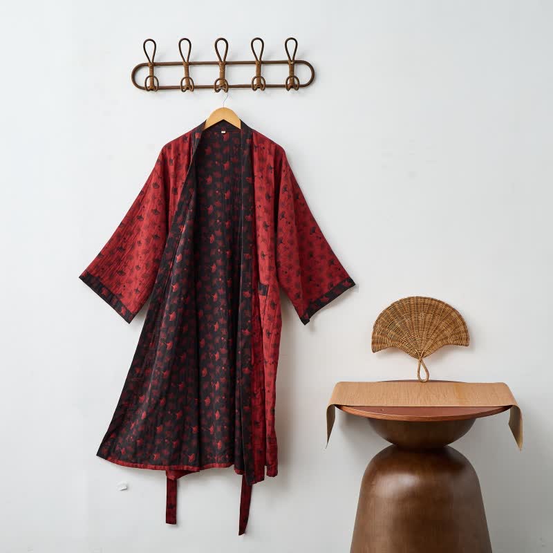 Katoenen Kimono Badjas met Ginko-Motief – Tweekleurige Ochtendjas van Ademende Katoenen Gaas – Unisex Nachtjapon met Verstelbare Taille voor Dames en Heren | Sulvida