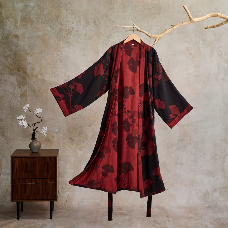 Katoenen Kimono met Groot Ginkgo Bladmotief – Dubbellaags Gaasweefsel Ochtendjas voor Dames en Heren Badstof Huisjas | Sulvida