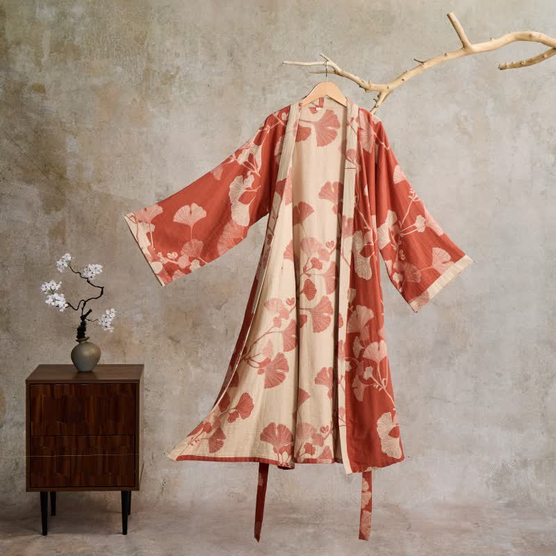 Katoenen Kimono met Groot Ginkgo Bladmotief – Dubbellaags Gaasweefsel Ochtendjas voor Dames en Heren Badstof Huisjas | Sulvida