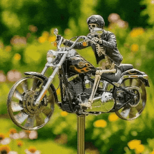 Decoratief tuinwindrad met motorrijder voor buitengebruik bewegend acryl tuin- en terrasornament decoratie | Sulvida
