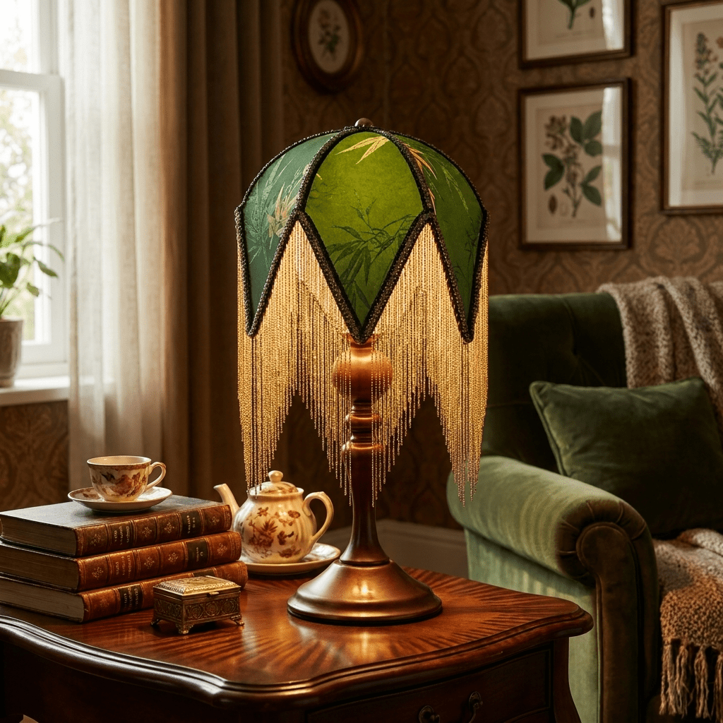 Tafellamp met Franjes Botanische Print E27 Fitting Massief Hout Groen Victoriaans Design Decoratief Sfeerlicht | Sulvida
