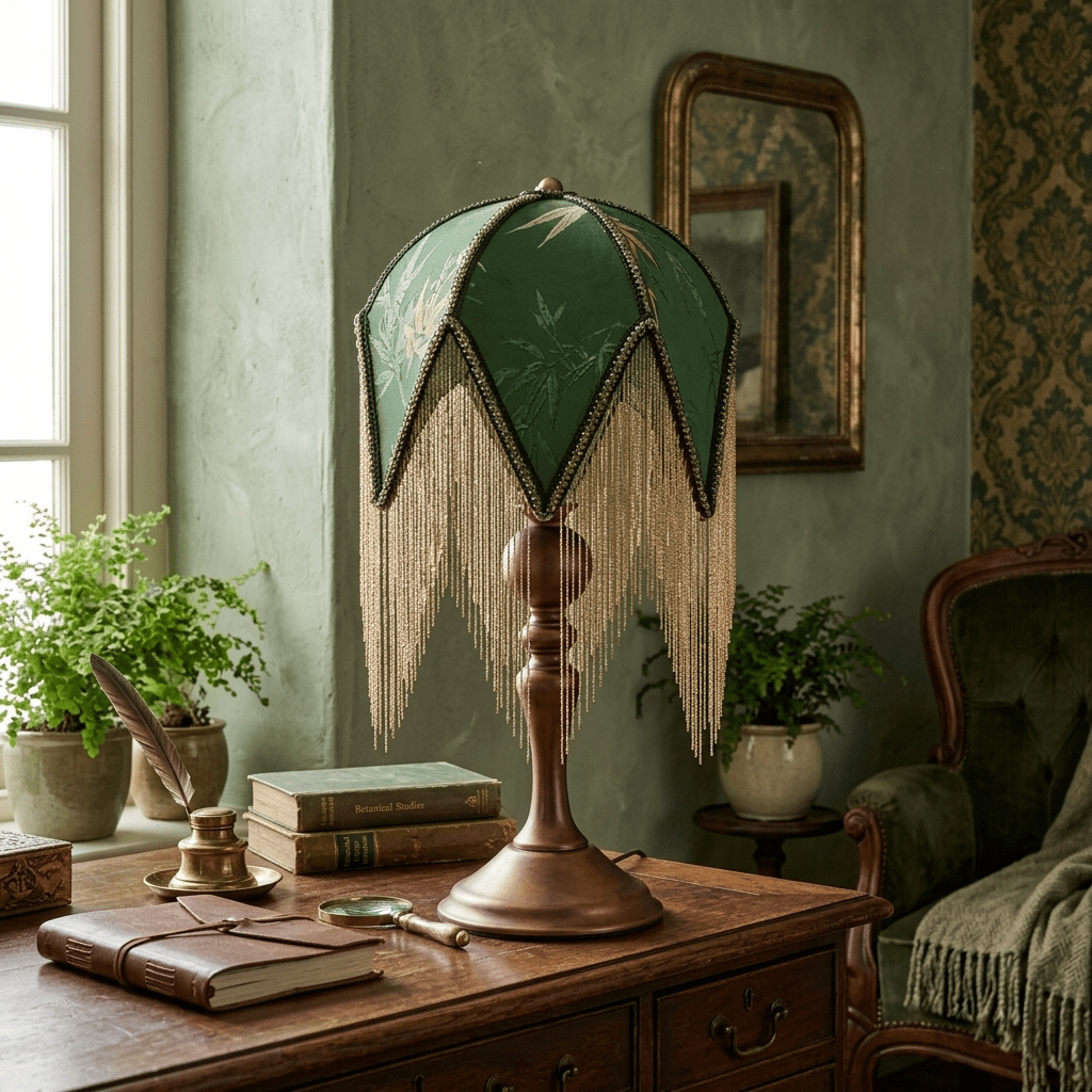 Tafellamp met Franjes Botanische Print E27 Fitting Massief Hout Groen Victoriaans Design Decoratief Sfeerlicht | Sulvida