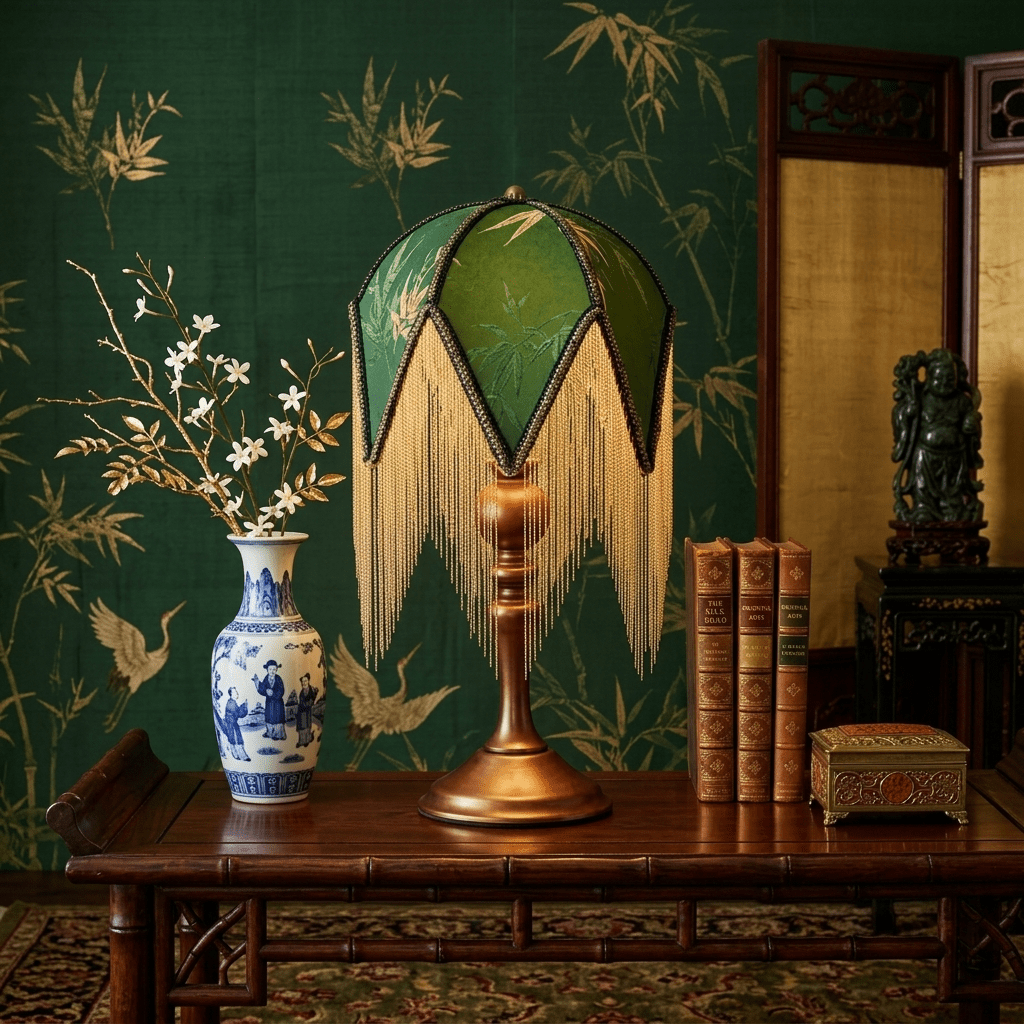 Tafellamp met Franjes Botanische Print E27 Fitting Massief Hout Groen Victoriaans Design Decoratief Sfeerlicht | Sulvida