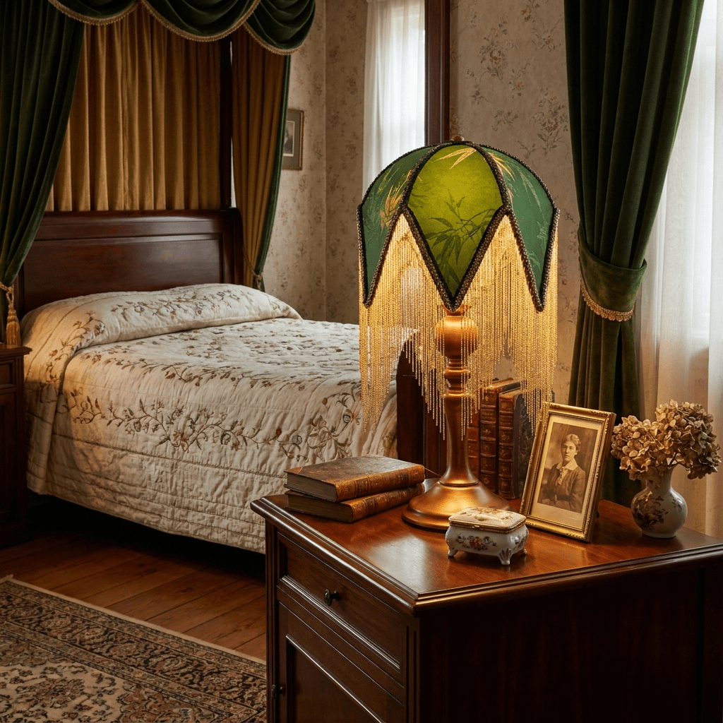 Tafellamp met Franjes Botanische Print E27 Fitting Massief Hout Groen Victoriaans Design Decoratief Sfeerlicht | Sulvida