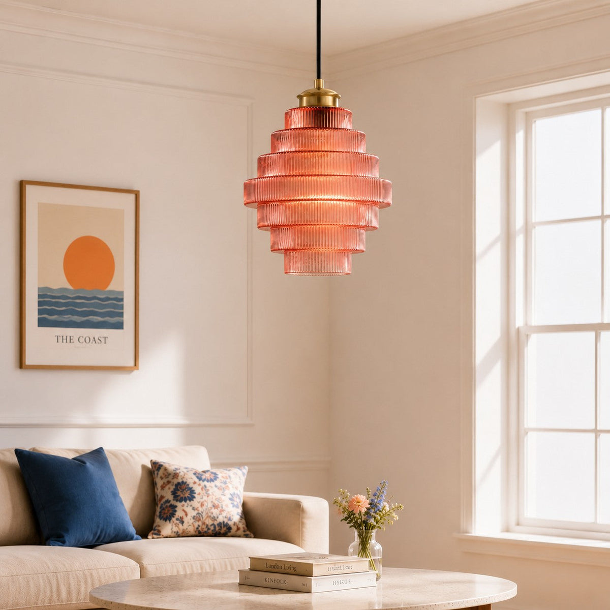 Geribbelde glazen hanglamp gelaagd flessendesign Art Deco vintage eetkamer keuken woonkamer slaapkamer | Sulvida
