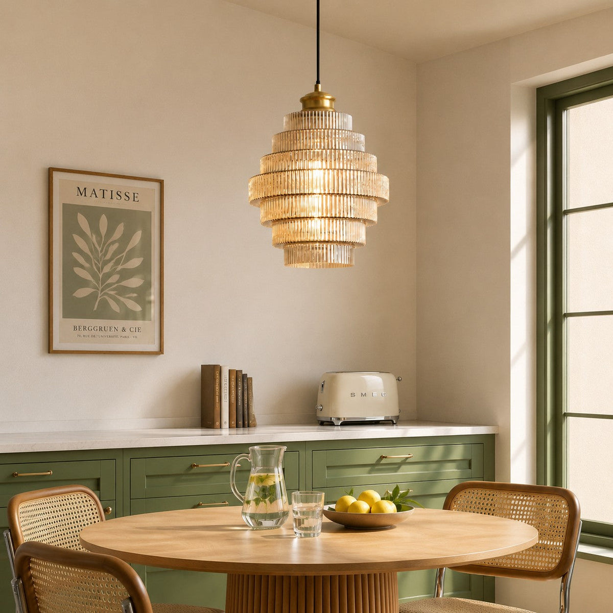 Geribbelde glazen hanglamp gelaagd flessendesign Art Deco vintage eetkamer keuken woonkamer slaapkamer | Sulvida