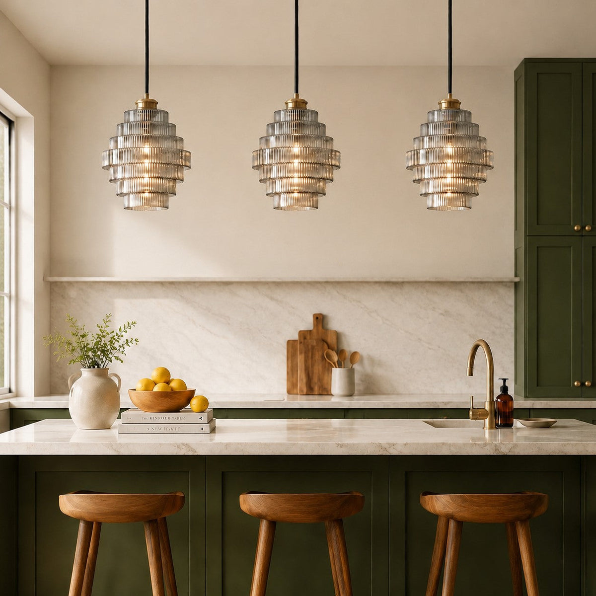 Geribbelde glazen hanglamp gelaagd flessendesign Art Deco vintage eetkamer keuken woonkamer slaapkamer | Sulvida