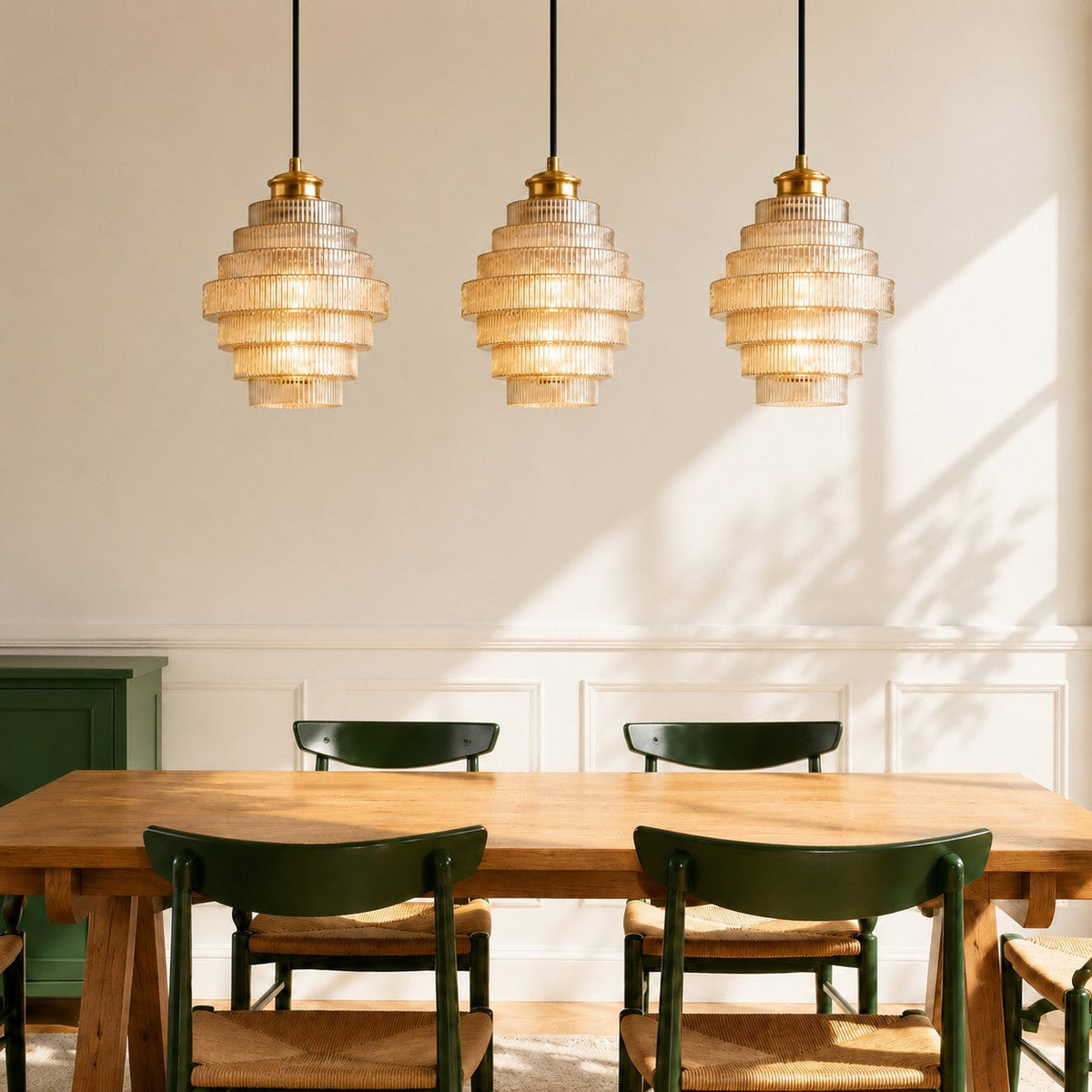 Geribbelde glazen hanglamp gelaagd flessendesign Art Deco vintage eetkamer keuken woonkamer slaapkamer | Sulvida