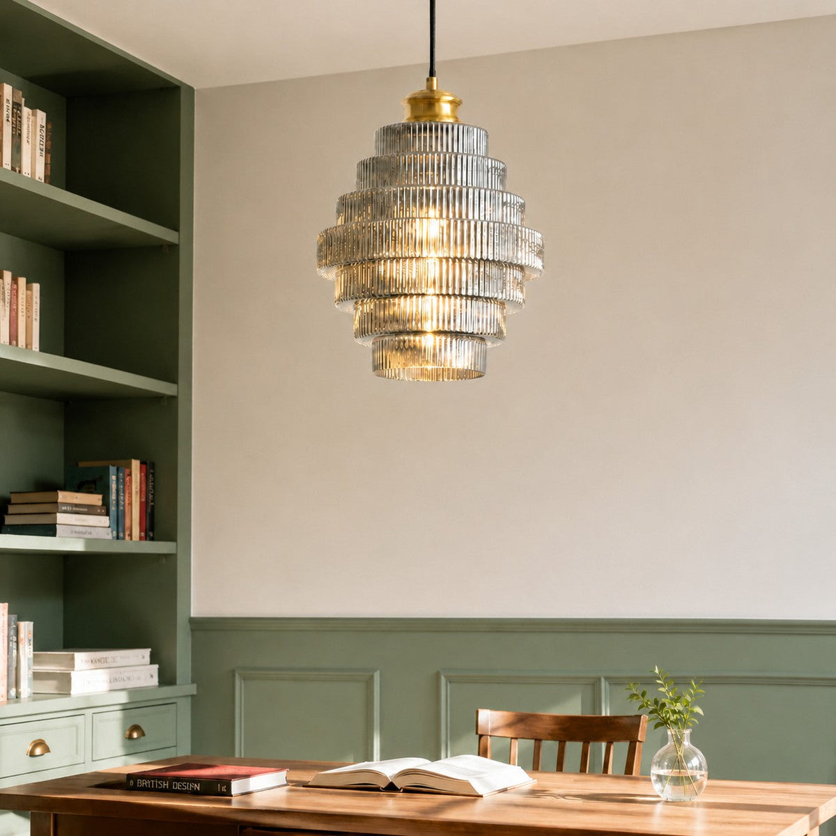 Geribbelde glazen hanglamp gelaagd flessendesign Art Deco vintage eetkamer keuken woonkamer slaapkamer | Sulvida