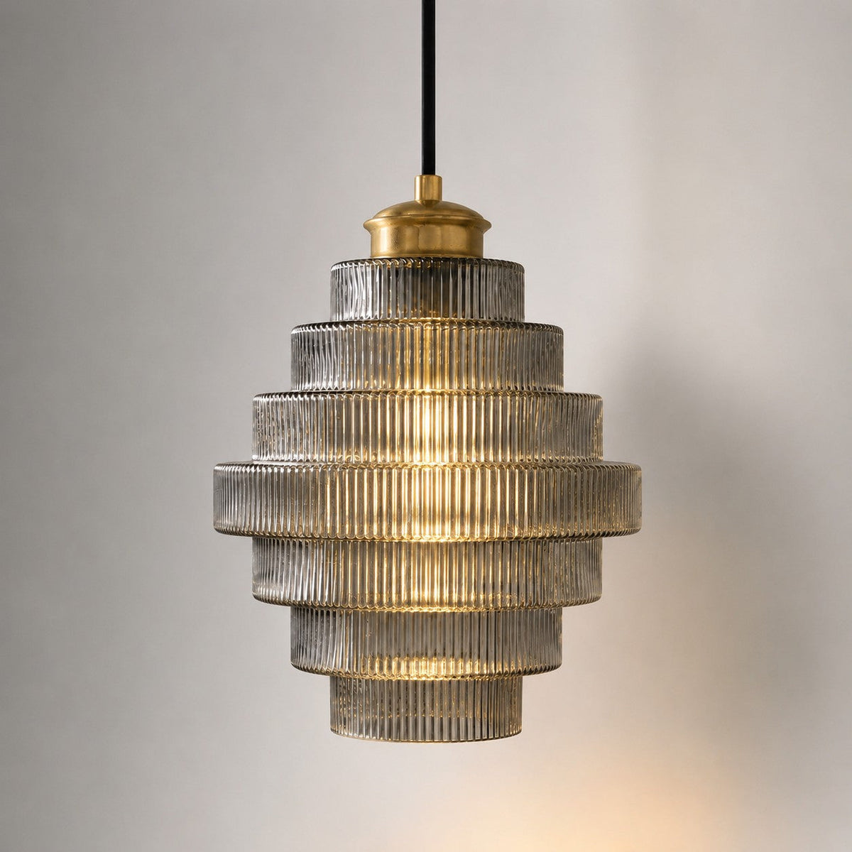 Geribbelde glazen hanglamp gelaagd flessendesign Art Deco vintage eetkamer keuken woonkamer slaapkamer | Sulvida