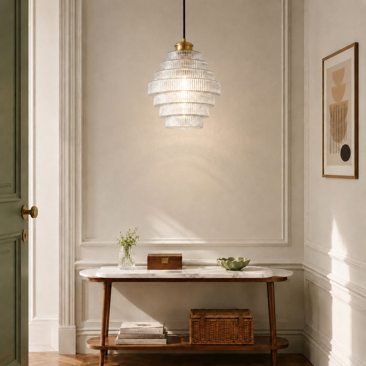 Geribbelde glazen hanglamp gelaagd flessendesign Art Deco vintage eetkamer keuken woonkamer slaapkamer | Sulvida