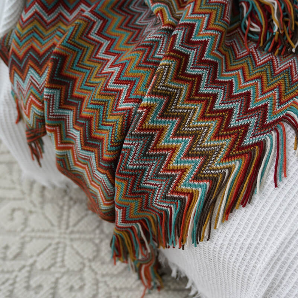 Gebreide plaid met zigzag patroon en franje meerkleurig zacht acryl voor bank bed en decoratie woonkamer | Sulvida