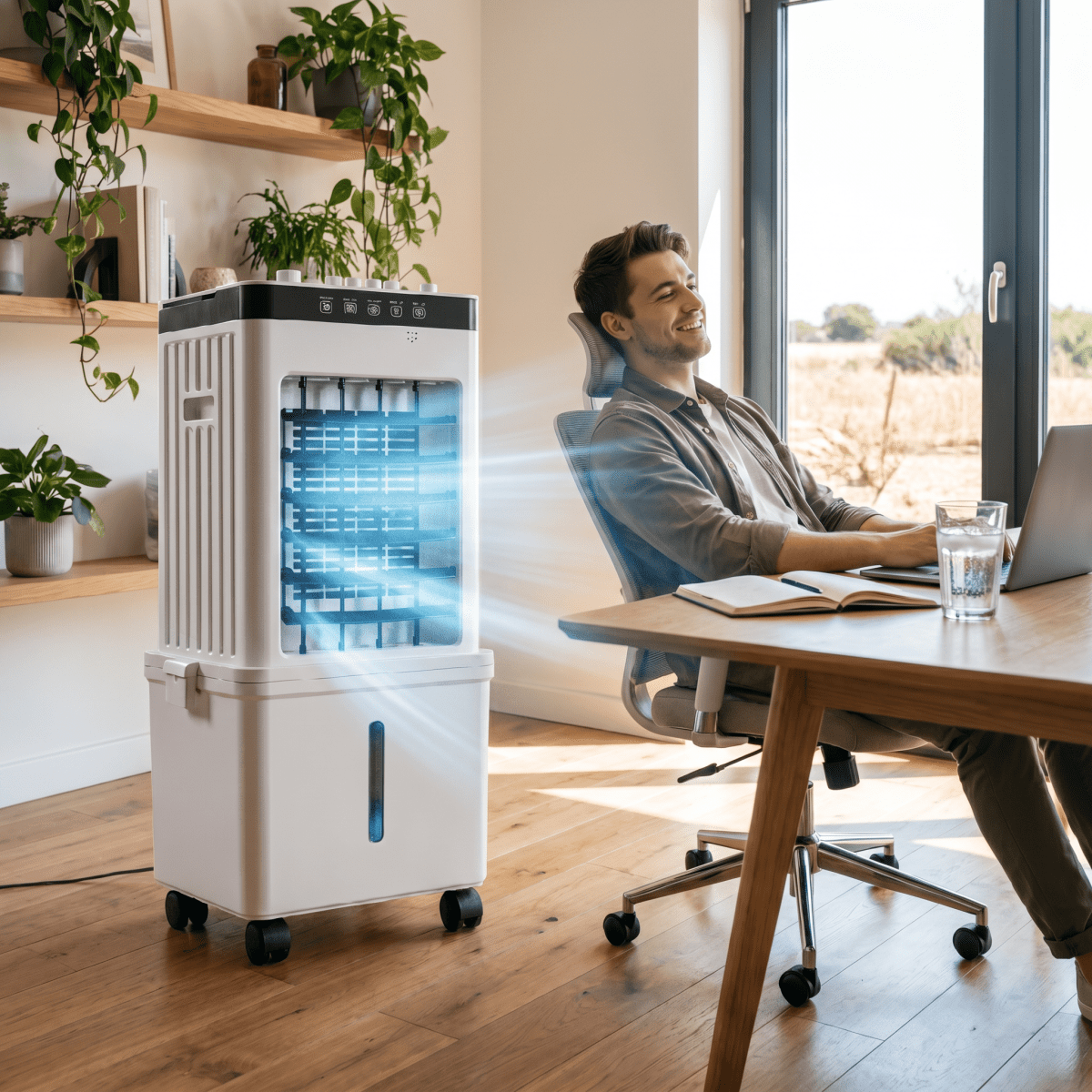 Mobiele Luchtkoeler 3-in-1 Ventilator met Bevochtiging Luchtzuivering Verrijdbaar Verstelbaar IJstank Timer | Sulvida