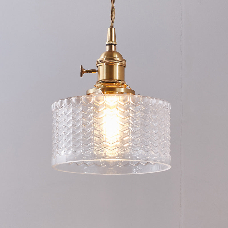 Glazen hanglamp cilindervorm gegolfd helder groen met draaiknop messing retro industrieel design eettafel | Sulvida