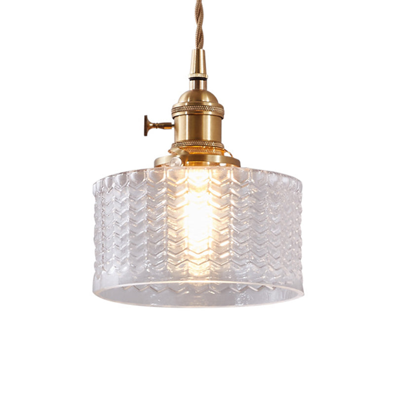 Glazen hanglamp cilindervorm gegolfd helder groen met draaiknop messing retro industrieel design eettafel | Sulvida