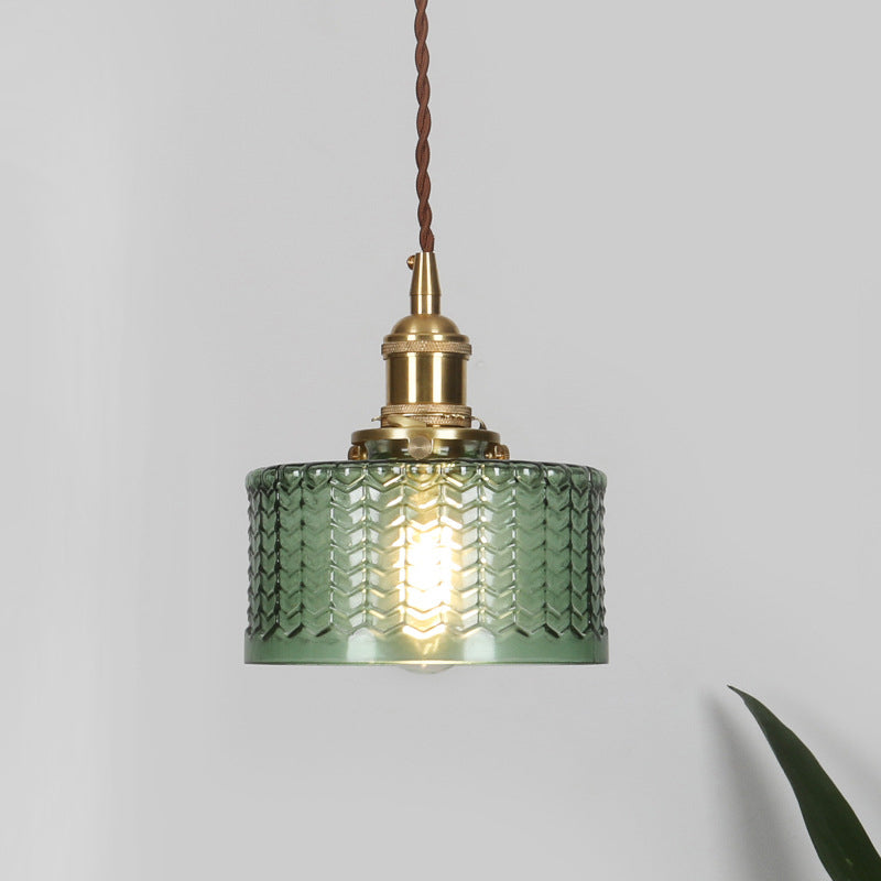 Glazen hanglamp cilindervorm gegolfd helder groen met draaiknop messing retro industrieel design eettafel | Sulvida