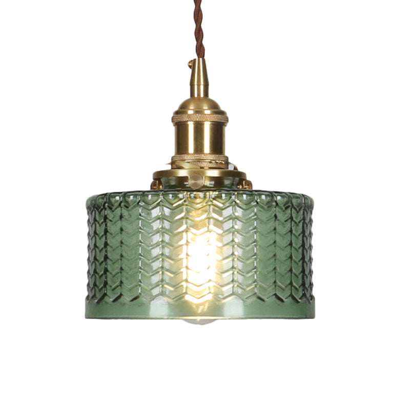 Glazen hanglamp cilindervorm gegolfd helder groen met draaiknop messing retro industrieel design eettafel | Sulvida